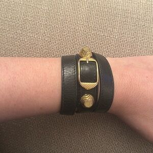 Balenciaga Black Leather Double Wrap Bracelet with Gold-Tone Studs